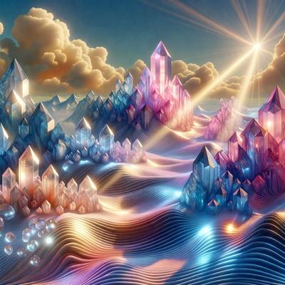 The primary subject of the image is a vibrant and colorful landscape featuring a mountain range with many crystal-like structures. The setting is a cloudy sky, which adds to the overall atmosphere of the scene. The visual style of the image is a combination of digital art and illustration, creating a unique and eye-catching pattern. The dominant colors in the image are pink, blue, and purple, giving the scene a lively and dreamy mood.